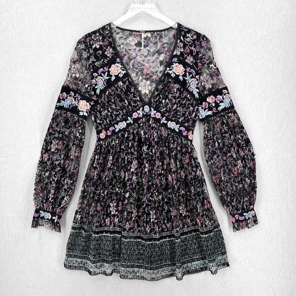 Free People Mini Dress Womens 2 Black Floral Lace Embroidered V-Neck Long Sleeve - Picture 4 of 16